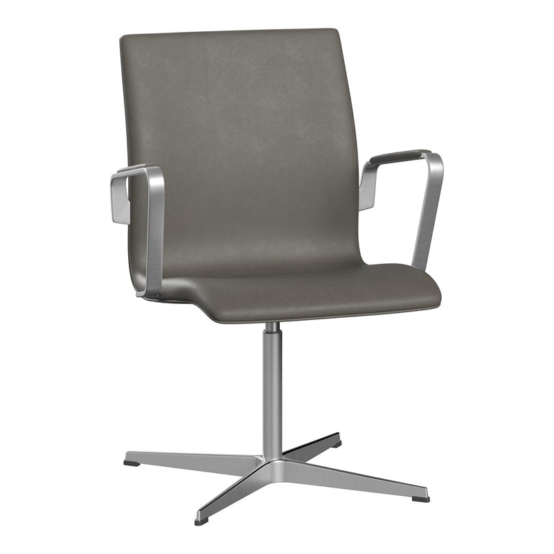 Gray leather office chair with sleek silver armrests and a minimalist design. Perfect for modern workspaces.