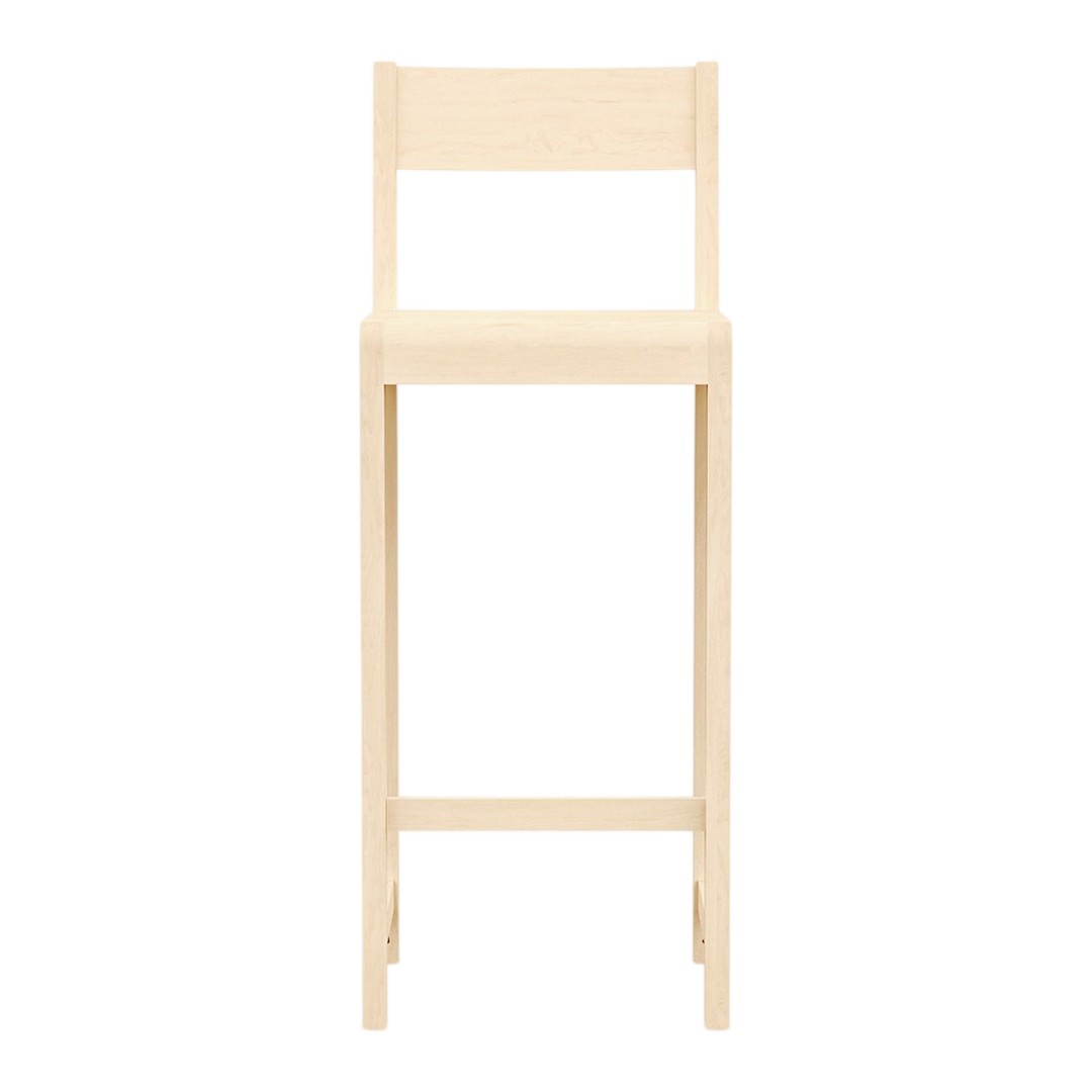 Natural wooden barstool with a simple design, showcasing light beige tones and a smooth, unadorned finish.