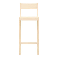 Natural wooden barstool with a simple design, showcasing light beige tones and a smooth, unadorned finish.