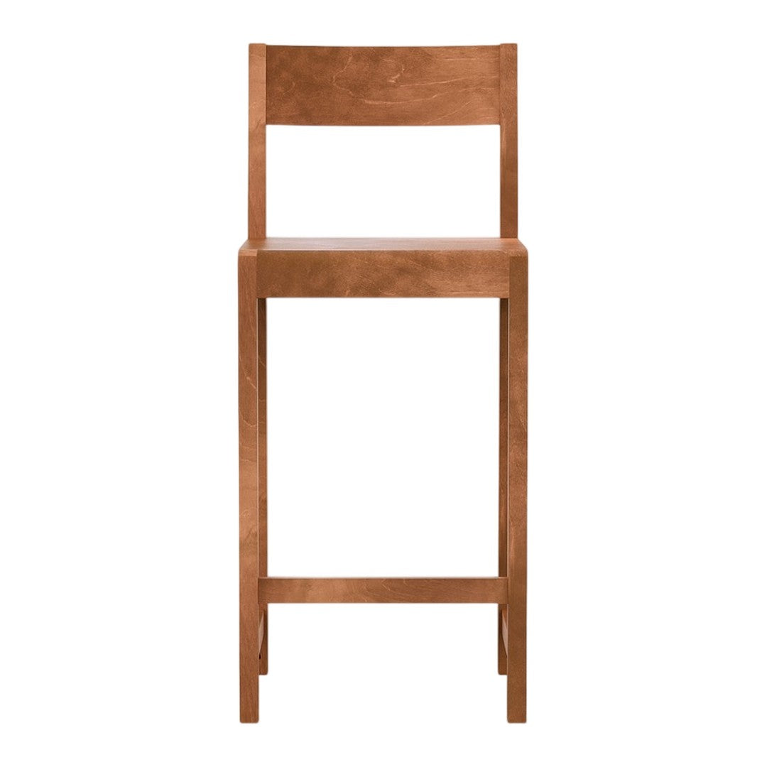 Solid wood bar stool in warm, natural brown finish with a minimalist design and clean lines.