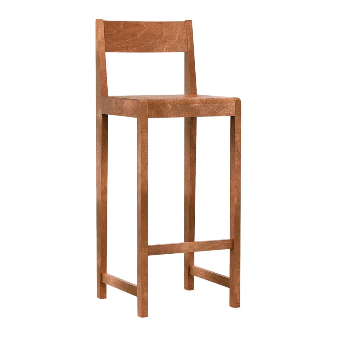 Solid wood bar stool in a warm mahogany finish with a smooth, rustic texture. Perfect for modern or farmhouse decor.