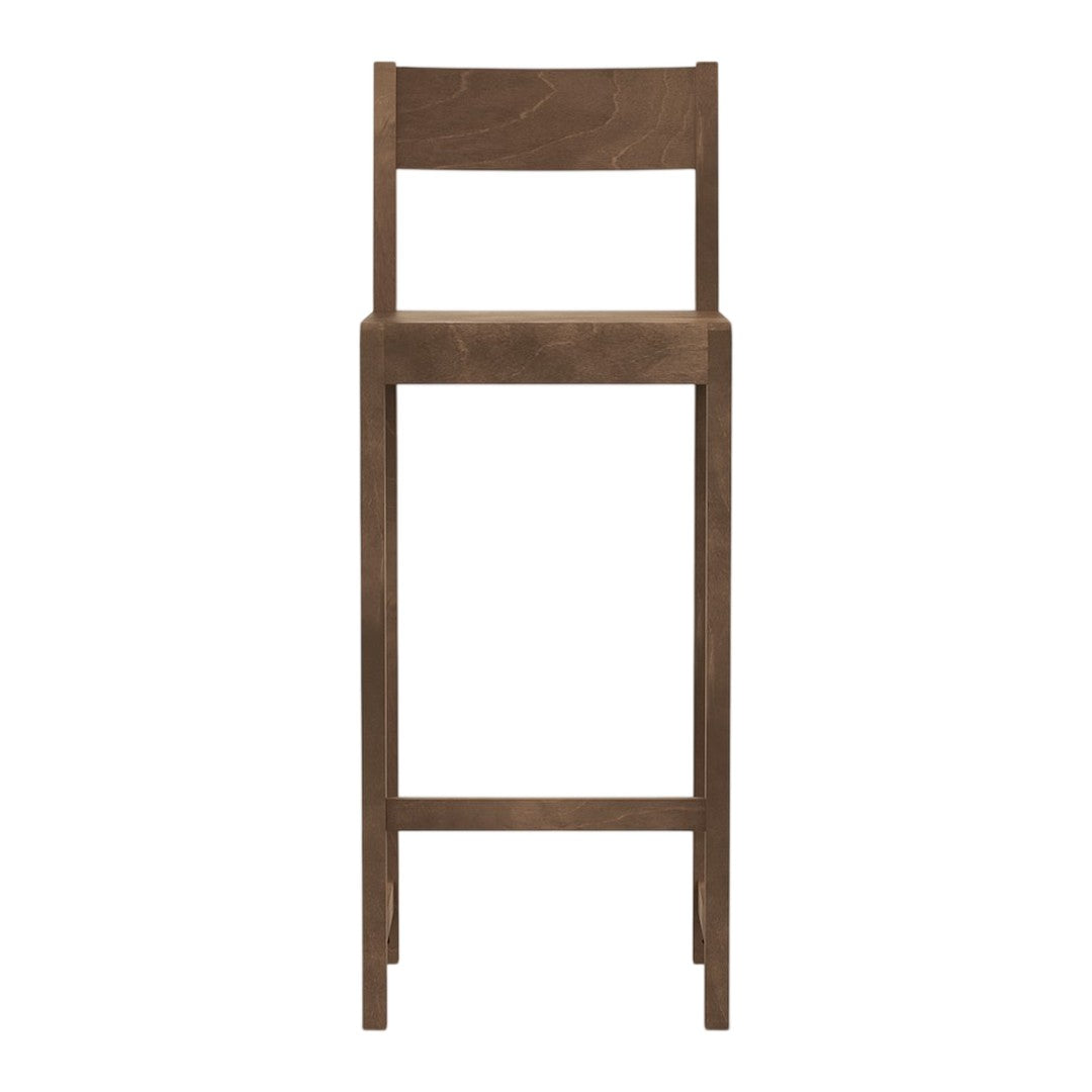 Tall wooden bar stool in a rich brown finish with a sleek, minimalist design. Ideal for modern decor.