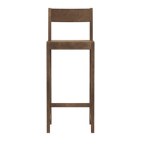 Tall wooden bar stool in a rich brown finish with a sleek, minimalist design. Ideal for modern decor.