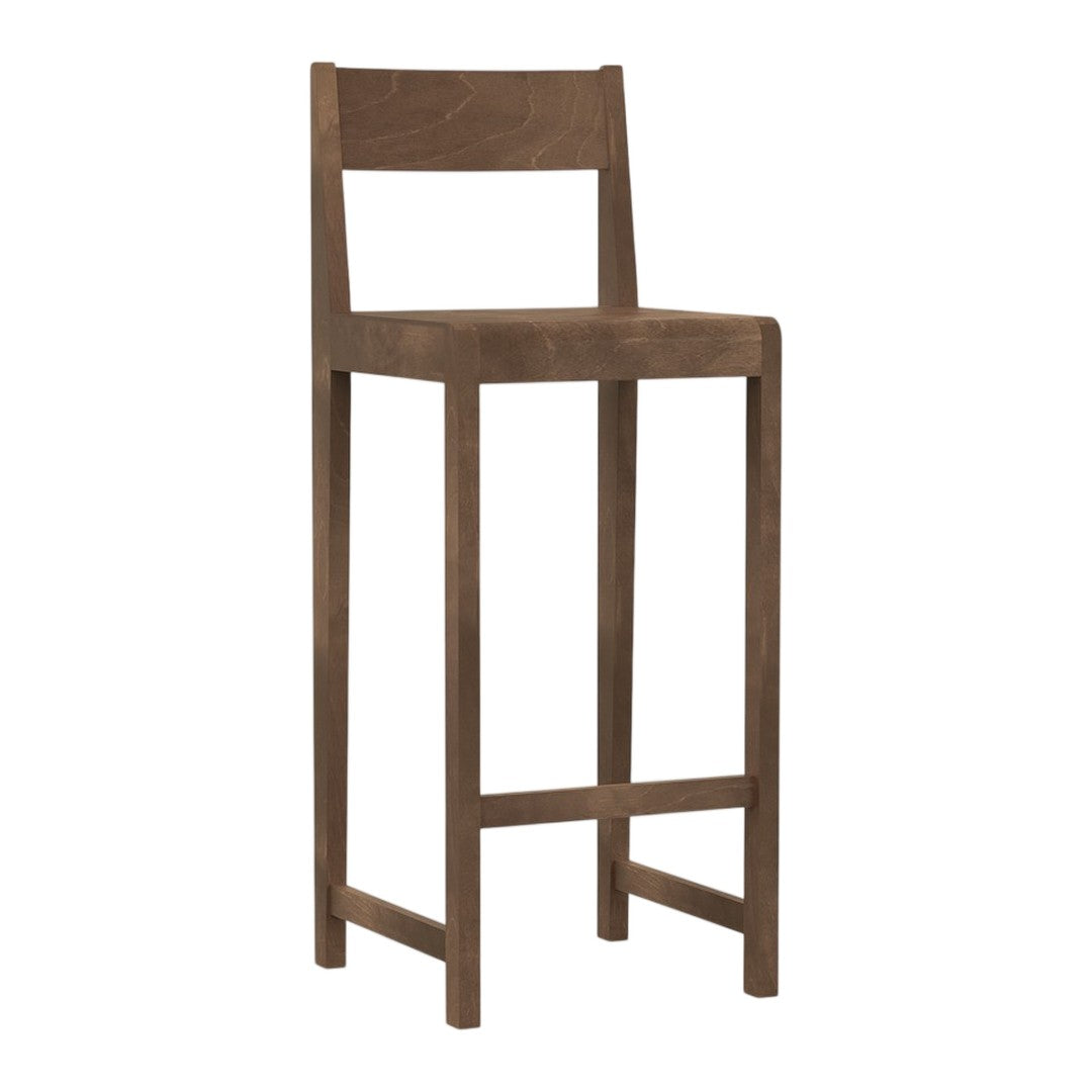 Wooden bar stool in dark brown finish, featuring a sleek, minimalist design with a smooth, solid texture.