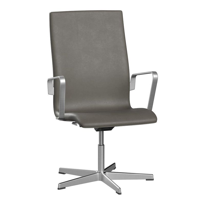 Gray leather office chair with a sleek design and silver metal accents, featuring a minimalist style.