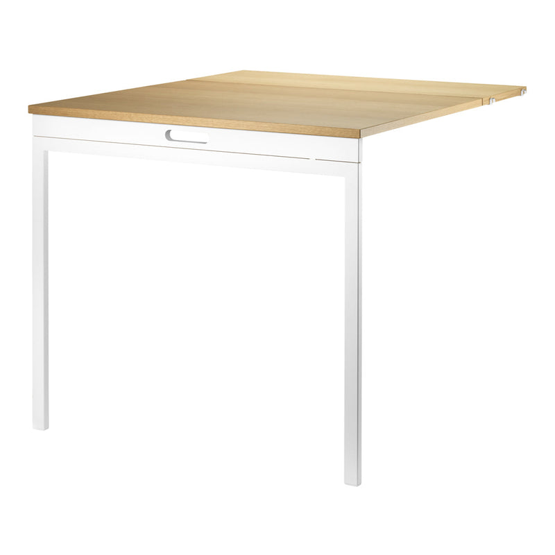 Light wood tabletop with a natural grain pattern, featuring white minimalist legs for a modern look.