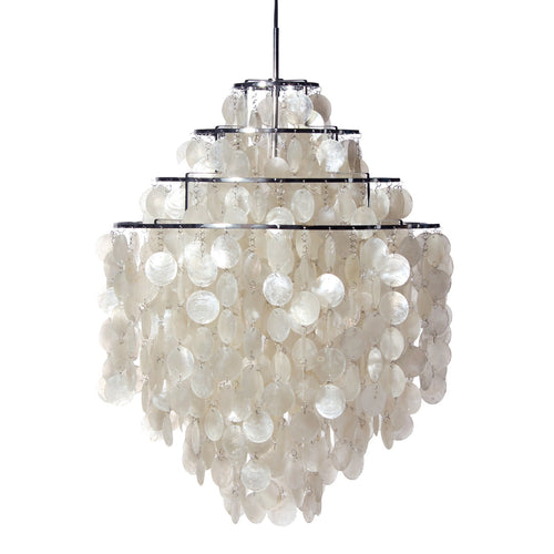 Elegant white chandelier with circular shell patterns, creating a shimmering, textured look. Perfect for any decor.