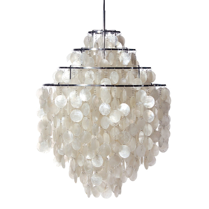 Elegant white chandelier with circular shell patterns, creating a shimmering, textured look. Perfect for any decor.