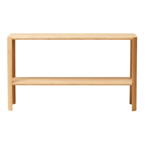 Natural wood console table with a minimalist design featuring light beige tones and a sleek, solid finish.
