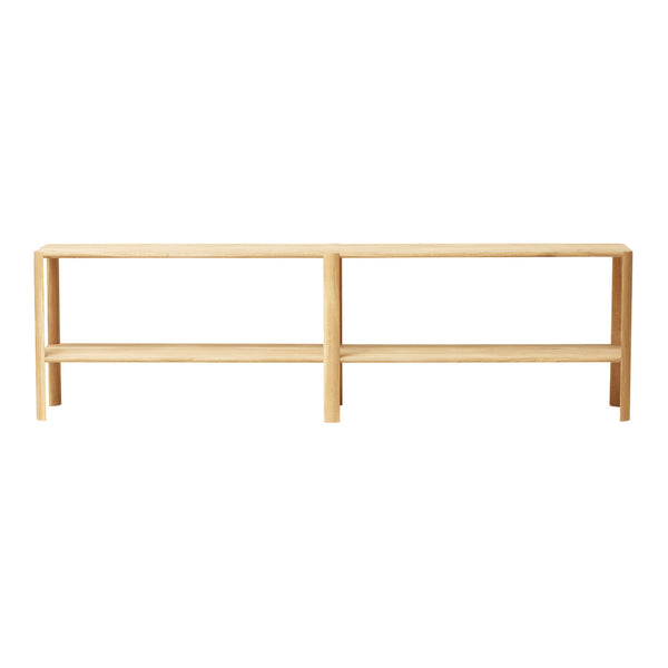 Natural wood console table with a minimalist design featuring a light, beige finish and smooth, clean lines.