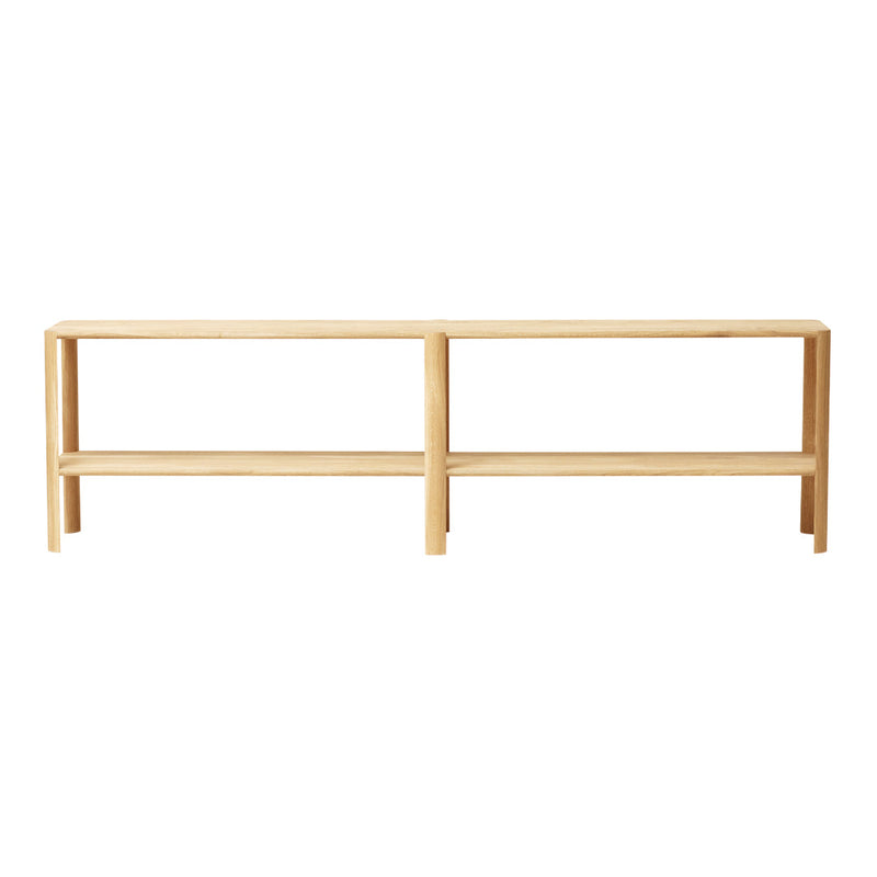 Natural wood console table with a minimalist design featuring a light, beige finish and smooth, clean lines.