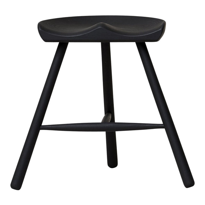 Black wooden stool with a smooth, curved seat and minimalist design, showcasing a sleek matte finish.