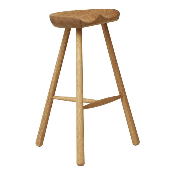 Natural wood bar stool with a light finish and smooth, curved seat design, featuring simple, clean lines.