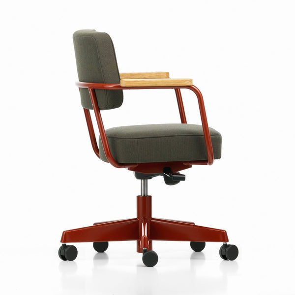 Gray fabric office chair with wood accents and a bold red base, featuring a sleek, modern design.