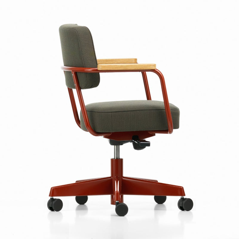 Gray fabric office chair with wood accents and a bold red base, featuring a sleek, modern design.