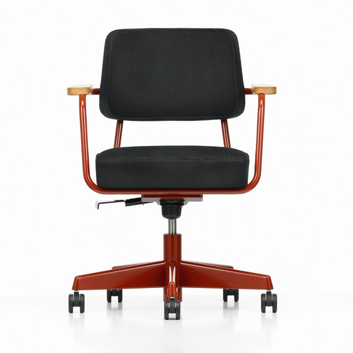 Black fabric office chair with orange metal frame and wooden armrests, featuring a modern minimalist design.