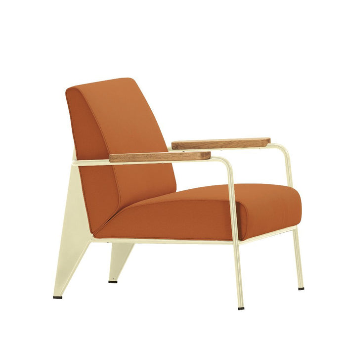 Rust-orange fabric armchair with a white metal frame and wooden armrests, featuring a sleek, modern design.