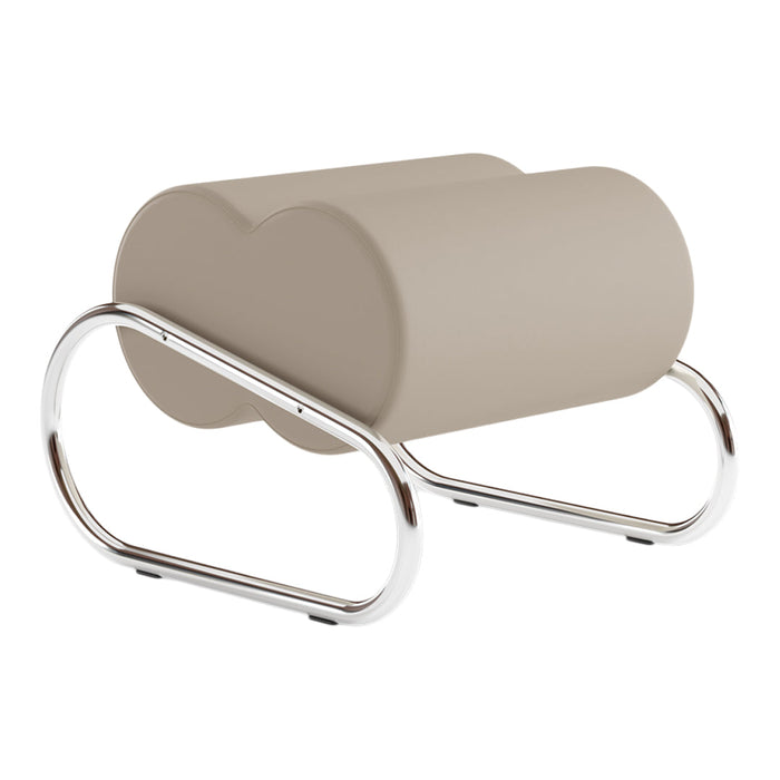 Beige cylinder-style ottoman on a sleek chrome base, featuring a minimalist design and soft curves.