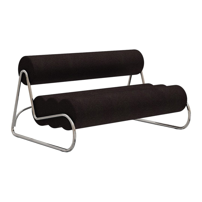Stylish black upholstered sofa with sleek chrome frame, featuring a modern, curvy design. Perfect for contemporary decor.