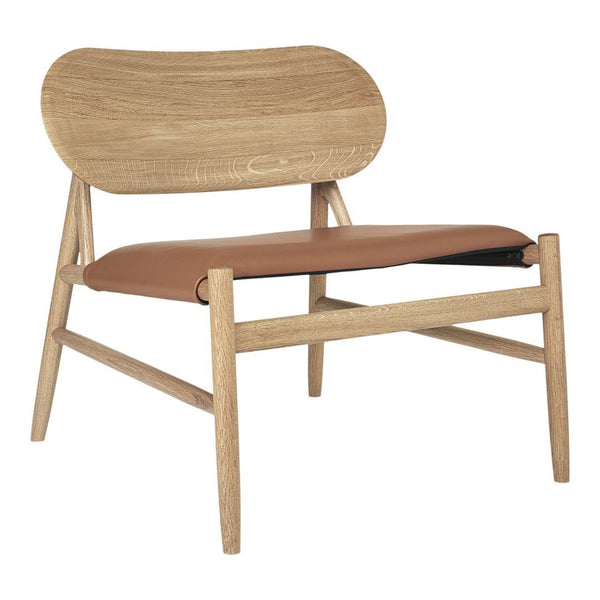 Natural wood chair with a smooth, curved back and a rich brown leather seat, featuring a minimalist design.