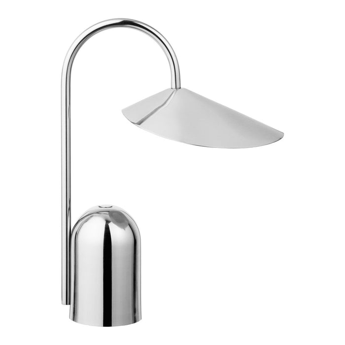 Sleek chrome desk lamp with a minimalist design and smooth metallic finish, featuring a parabolic shade.