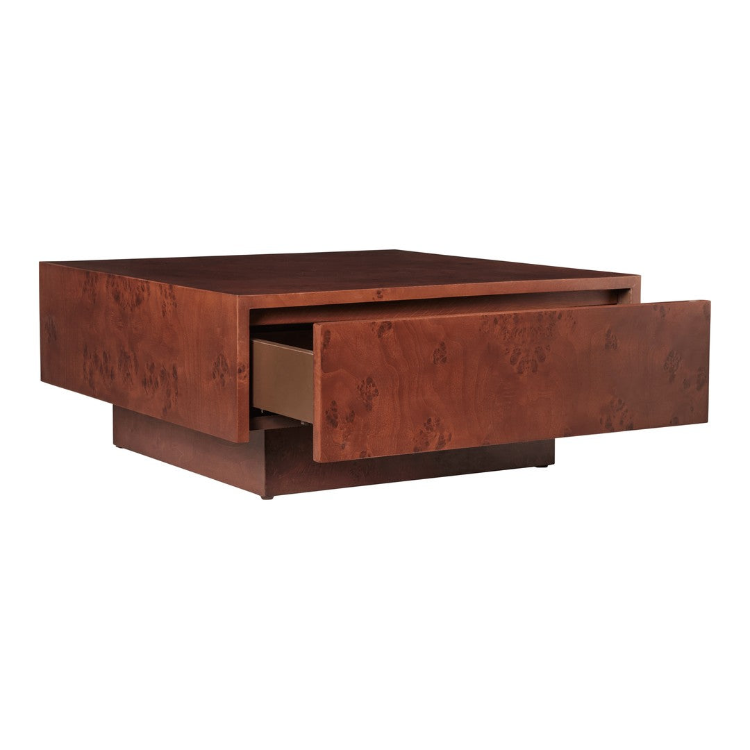 Brown wood coffee table with a smooth finish and subtle grain patterns. Modern design with a single drawer for storage.