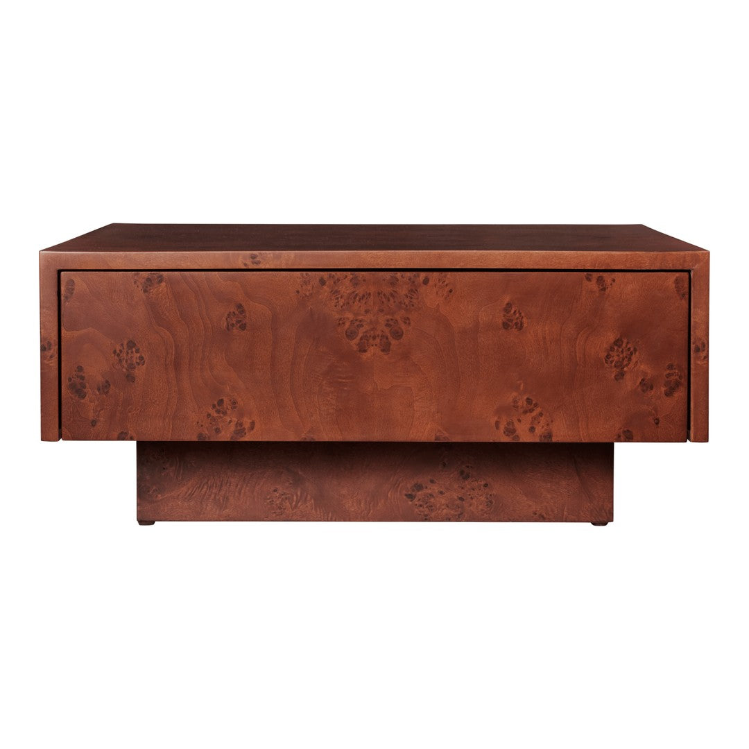 Rich brown wooden coffee table with a sleek, smooth finish and unique burl pattern for an elegant touch.