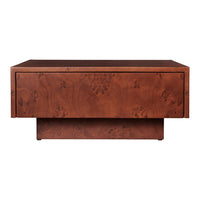 Rich brown wooden coffee table with a sleek, smooth finish and unique burl pattern for an elegant touch.