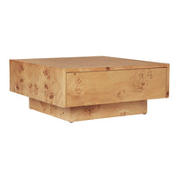 Light brown square coffee table with unique burl pattern and smooth finish. Elegant and modern design for any space.