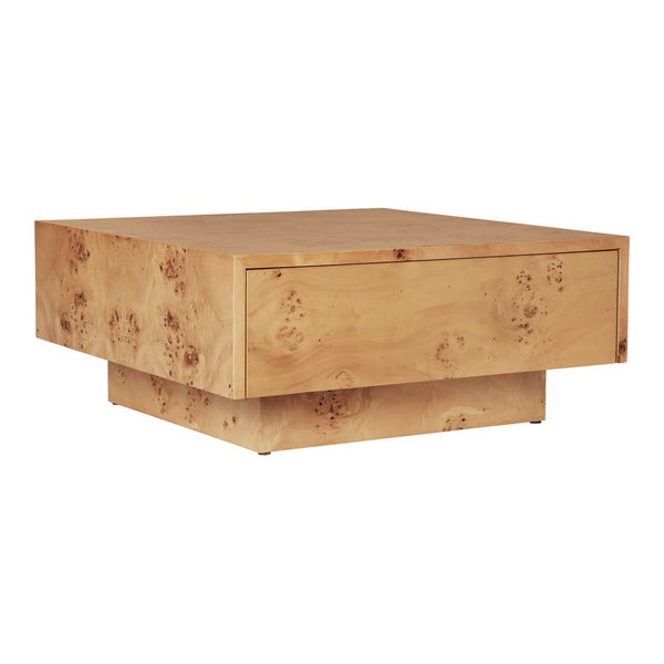 Light brown square coffee table with unique burl pattern and smooth finish. Elegant and modern design for any space.