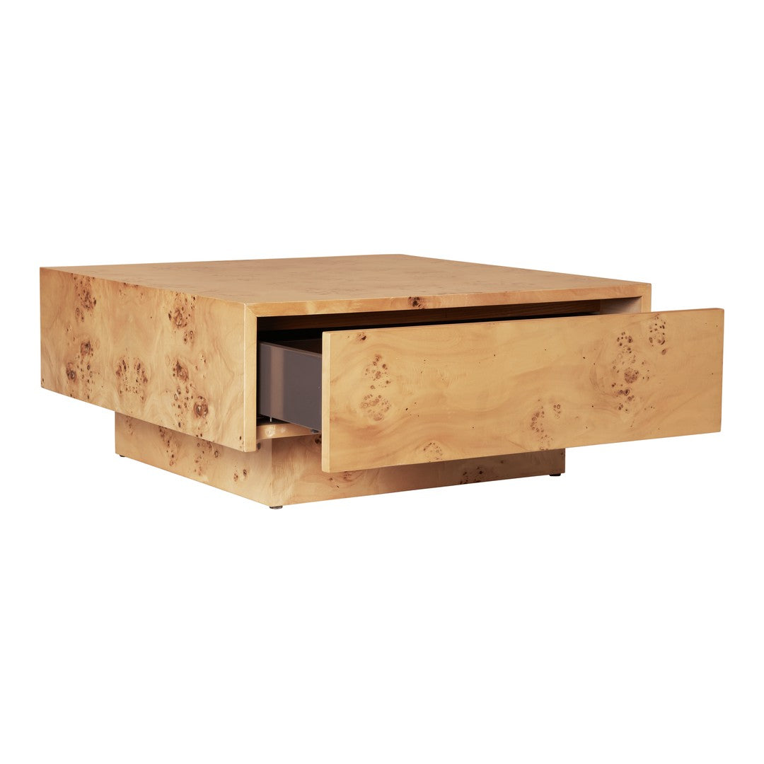 Light wood coffee table with a smooth burl pattern and natural beige tones, featuring a modern, minimalist design.