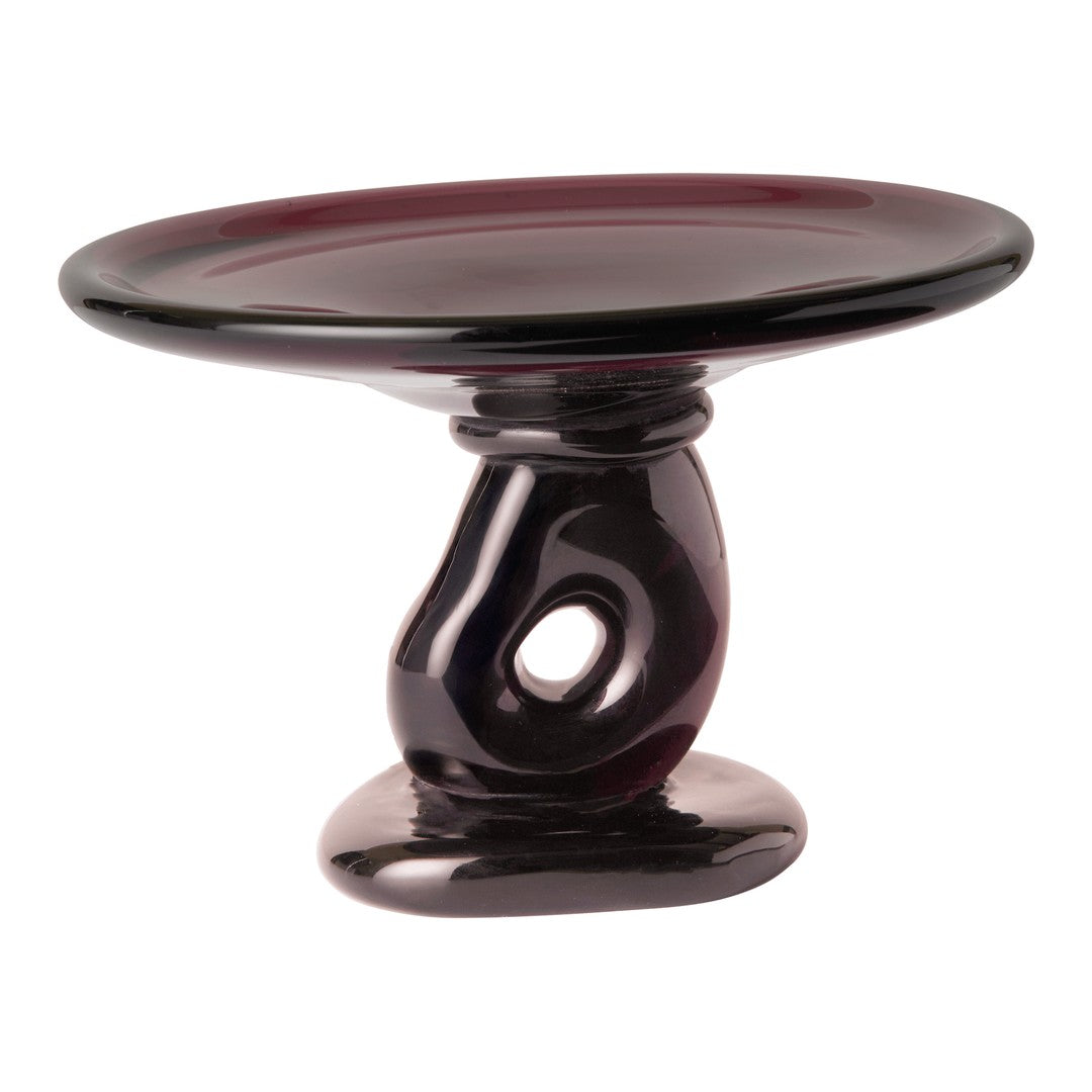 Elegant black and deep purple ceramic cake stand with a glossy finish and unique swirl pattern.
