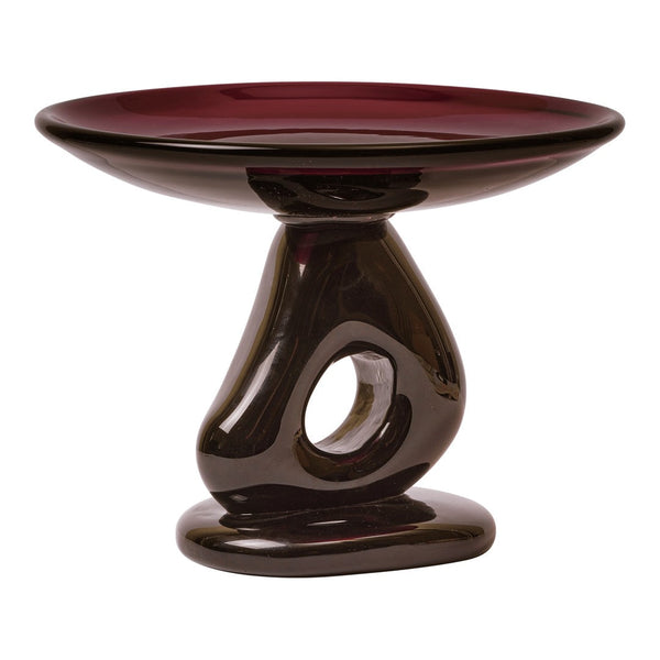 Deep burgundy and glossy black ceramic pedestal bowl with a unique swirl design. Perfect for decor or serving.
