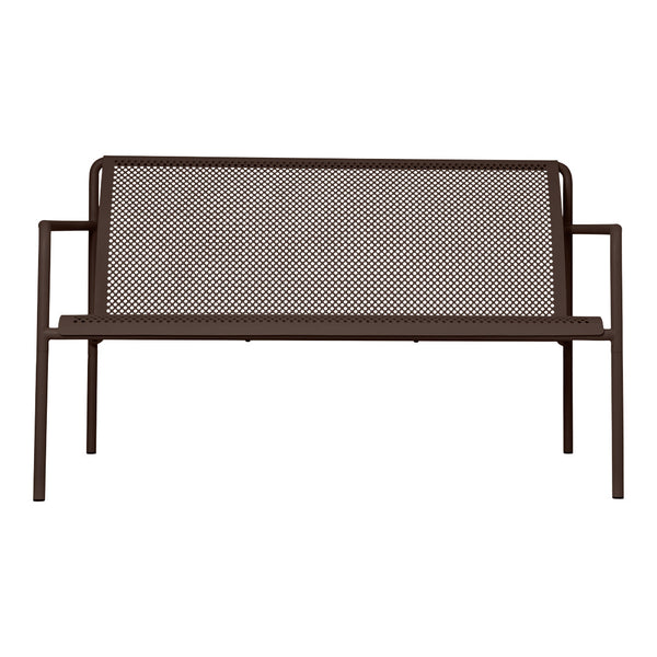 Brown metal bench with a textured perforated pattern, ideal for outdoor seating.