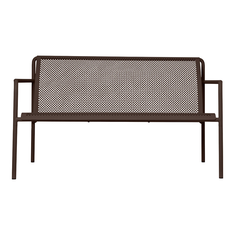 Brown metal bench with a textured perforated pattern, ideal for outdoor seating.