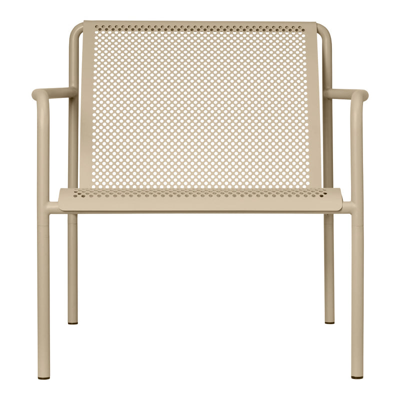 Beige perforated metal chair with a sleek, minimalist design. Perfect for modern decor.