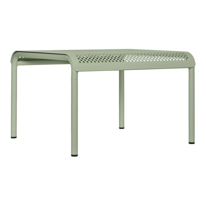 Light green metal table with perforated pattern and sleek design, perfect for modern outdoor settings.