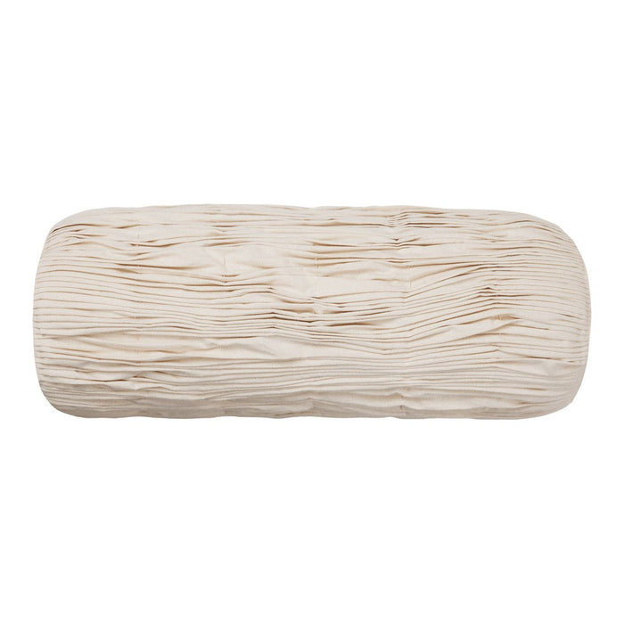 Cream-colored cylindrical pillow with a textured, pleated design, adding subtle style to any decor.
