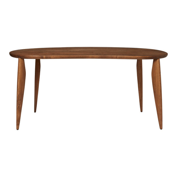 Brown wood oval dining table with tapered legs and a smooth finish, perfect for modern interiors.