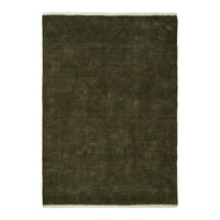 Olive green rug with a subtle texture and fringe detailing. Perfect for adding warmth to any space.