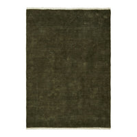 Dark olive green rug with a subtle texture and fringe detailing along the edges. Perfect for contemporary decor.