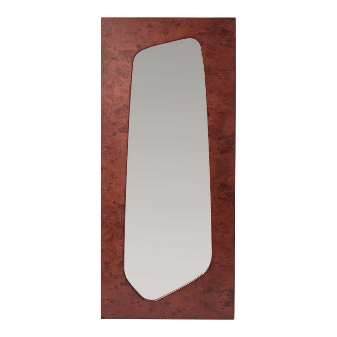 Rustic deep red frame with a sleek, asymmetrical mirror design, perfect for modern decor.