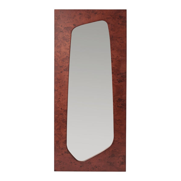 Rustic deep red frame with a sleek, asymmetrical mirror design, perfect for modern decor.