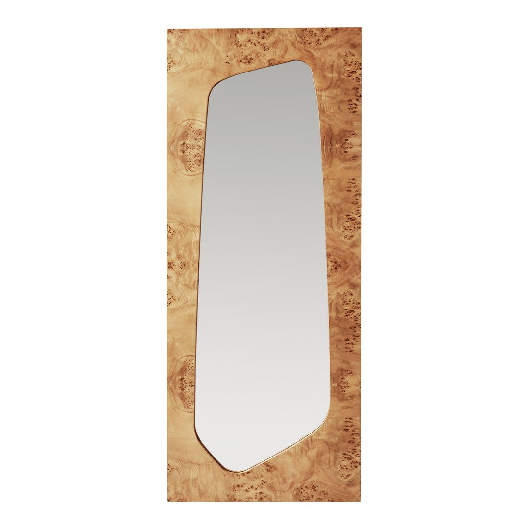 Rectangular mirror with a warm wood tone frame featuring unique burl patterns and a sleek, modern edge.