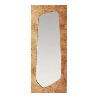 Rectangular mirror with a warm wood tone frame featuring unique burl patterns and a sleek, modern edge.