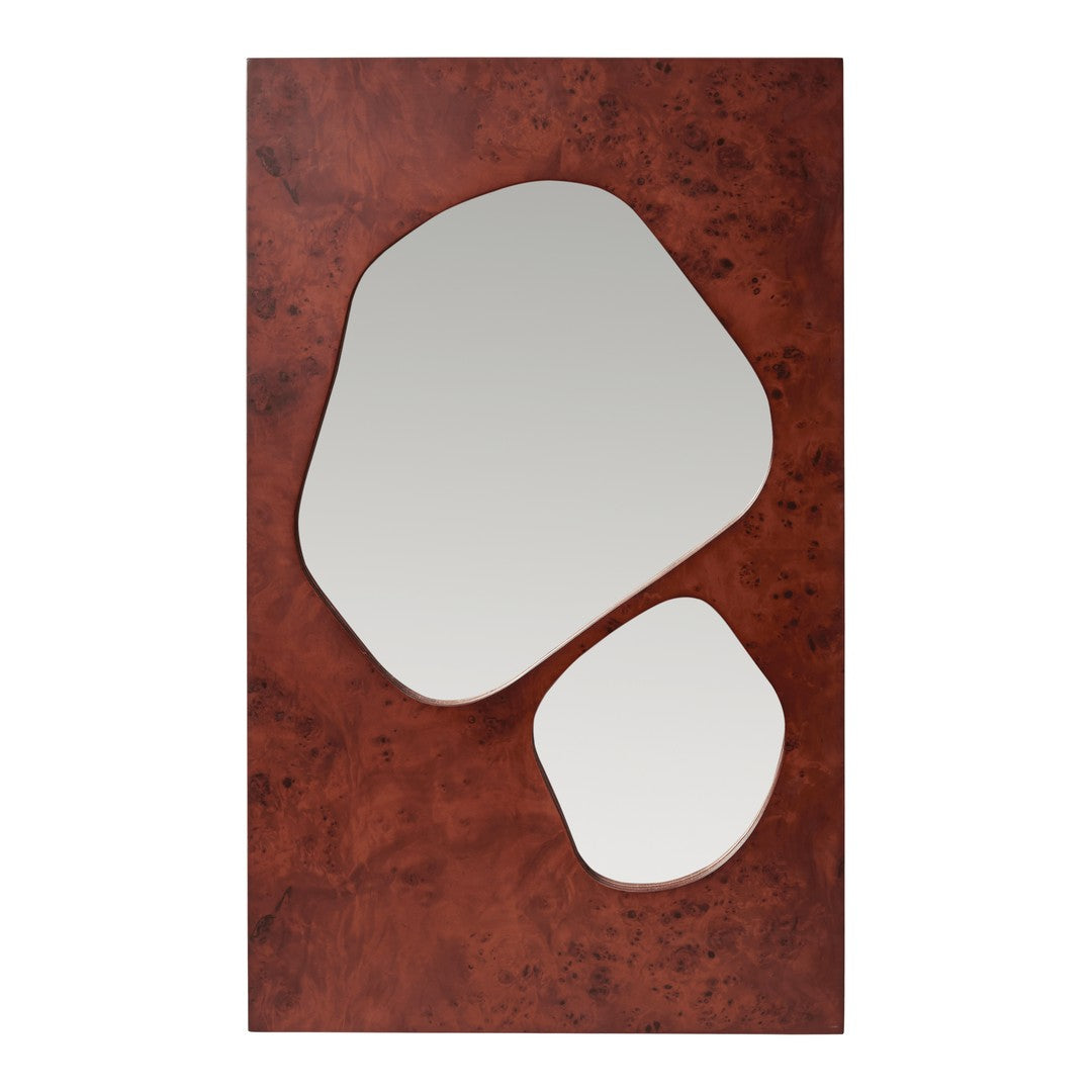 Abstract brown frame with two irregular mirror openings, showcasing a textured, rich finish and modern design.