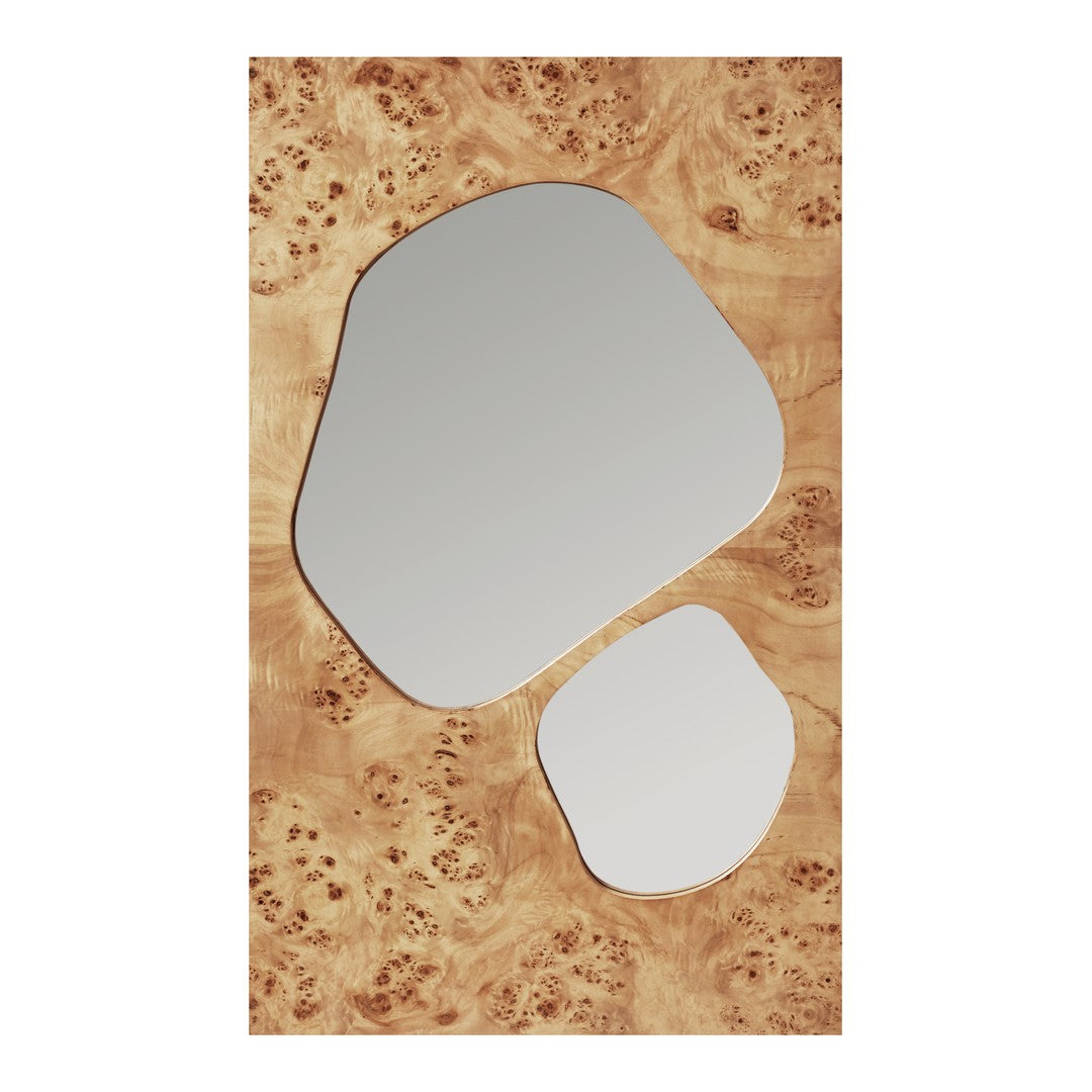 Abstract brown wooden mirror with natural grain patterns and two organic-shaped reflective surfaces.