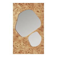 Abstract brown wooden mirror with natural grain patterns and two organic-shaped reflective surfaces.