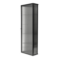 Black-framed display cabinet with clear, vertical ribbed glass for elegant storage and visibility.
