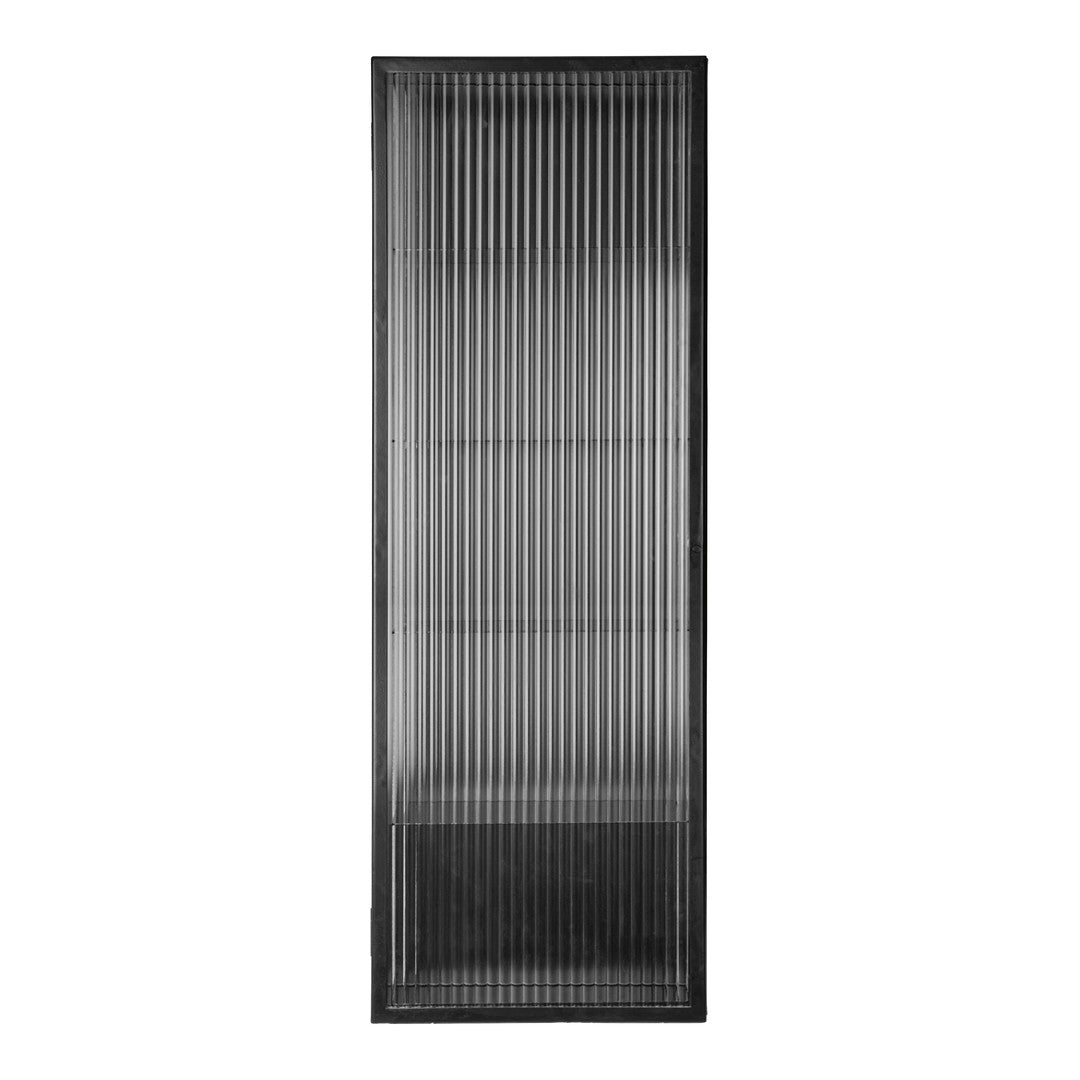 Black vertical ribbed glass door with a sleek black frame, featuring a modern and minimalist design.